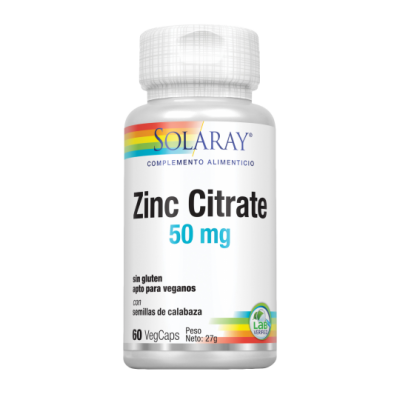 Zinc citrate 60 VegCaps. Sin gluten. Apto para veganos SOLARAY 4710 Sistema inmunitario salud.bio