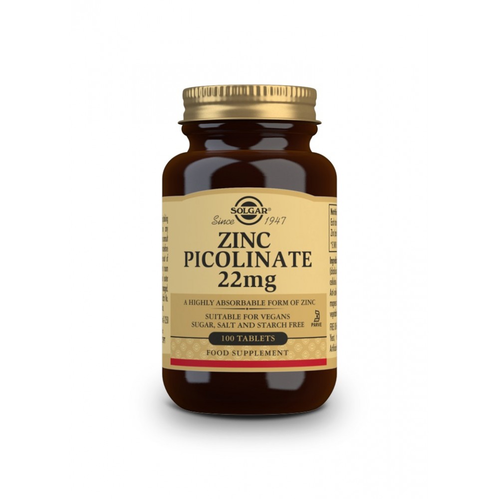 Picolinato de Zinc 22 mg 100 tabletas de Solgar Solgar SOL-03725 Sistema inmunitario salud.bio