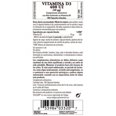 VITAMINA D3 400 UI (10mcg 400iu) 100 Perlas de SOLGAR SOLGAR 33320 Vitamina A y D salud.bio