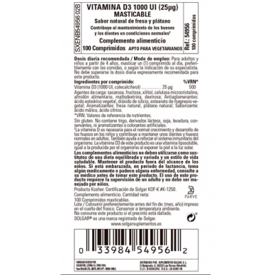 Vitamina D3 1000 UI (25mcg.) 100 comp. de Solgar SOLGAR 54956 Vitamina A y D salud.bio