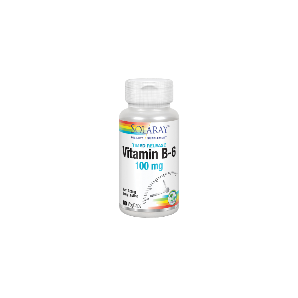 Vitamin B-6 100 mg- 60 VegCaps acción retardada. Apto para veganos de solaray SOLARAY 12742 Vitaminas y Minerales salud.bio