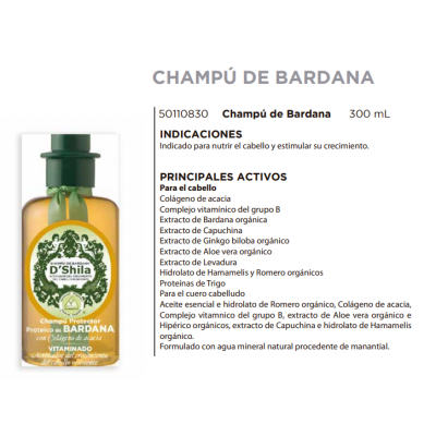 Champú Proteico de Bardana 300ml de D´Shila D´Shila 5011080300 Cosmética Natural salud.bio
