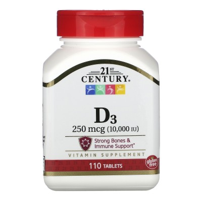 Vitamina D3, 250 mcg (10.000 UI), 110 comprimidos de 21st Century 21ST Century HealthCare CEN-27504 Vitaminas y Minerales sal...