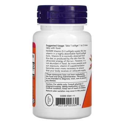 Vitamina D3, 400 IU, 180 cápsulas de gel de NOW Foods NOW Foods NOW-00364 Vitamina A y D salud.bio