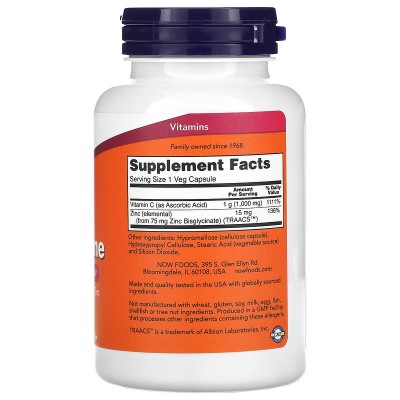 Suplemento inmunitario de vitamina C-1000 y zinc, 1000 mg de vitamina C y 15 mg de zinc, 90 cápsulas vegetales de NOW Foods N...