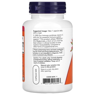 Suplemento inmunitario de vitamina C-1000 y zinc, 1000 mg de vitamina C y 15 mg de zinc, 90 cápsulas vegetales de NOW Foods N...