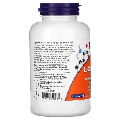 L-carnitina, 1000 mg, 100 comprimidos de NOW Foods NOW Foods NOW-00068 Quemagrasas y similares salud.bio