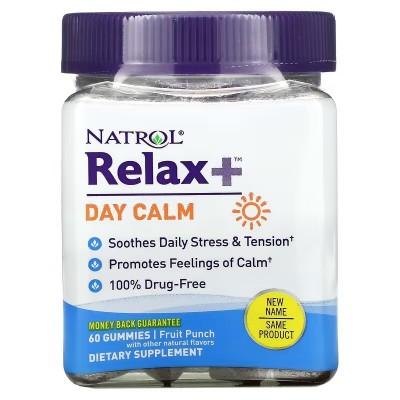 Relax +, Calma diurna, Ponche de frutas, 60 gomitas de Natrol Natrol NTL-07635 Estados emocionales, ansiedad, estrés, depresi...