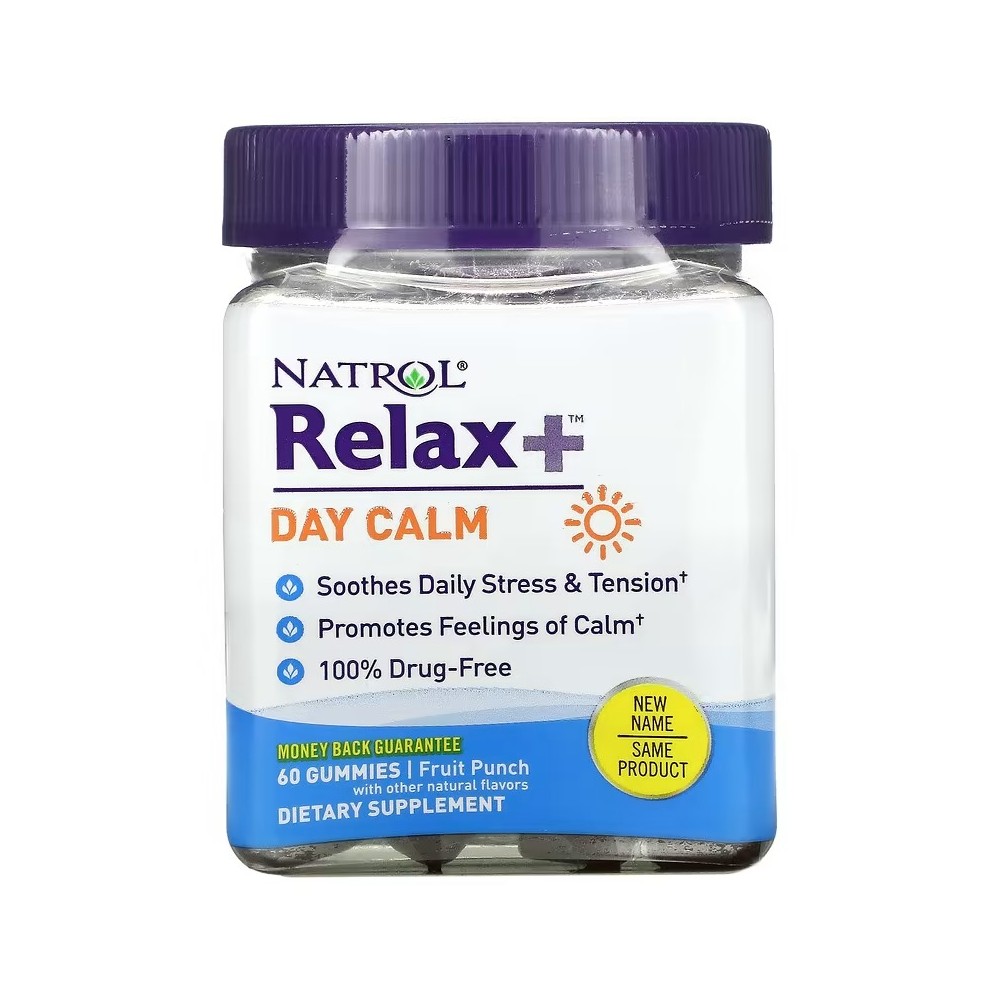 Relax +, Calma diurna, Ponche de frutas, 60 gomitas de Natrol Natrol NTL-07635 Estados emocionales, ansiedad, estrés, depresi...