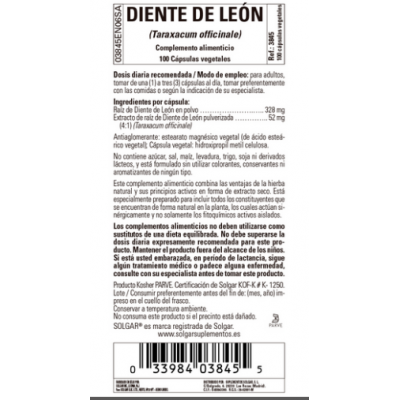 Diente de León (Taraxacum officinale) - 100 Cápsulas vegetales de Solgar SOLGAR SOL-183845 Ayudas aparato Digestivo salud.bio