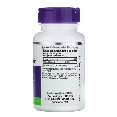 Ácido Alfa Lipoico 600mg 30 Cápsulas de Natrol Natrol NTL-04472 Antioxidantes salud.bio