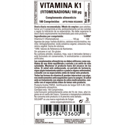 Vitamina K1 (Fitomenadiona) 100 μg (mcg), 100 Comprimidos de Solgar SOLGAR SOL-03600 Articulaciones, Huesos, Tendones y Muscu...