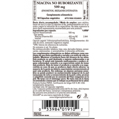 Niacina no ruborizante (vitamina B3) Niacin no-Flush, 500mg - 50 Cápsulas vegetales de Solgar SOLGAR SOL-01910 Vitamina B sal...