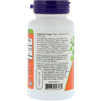 Ashwagandha 450 mg, 90 cápsulas vegetarianas de Now Foods NOW Foods NWY-16800 Estados emocionales, ansiedad, estrés, depresió...