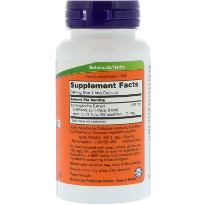Ashwagandha 450 mg, 90 cápsulas vegetarianas de Now Foods NOW Foods NWY-16800 Estados emocionales, ansiedad, estrés, depresió...