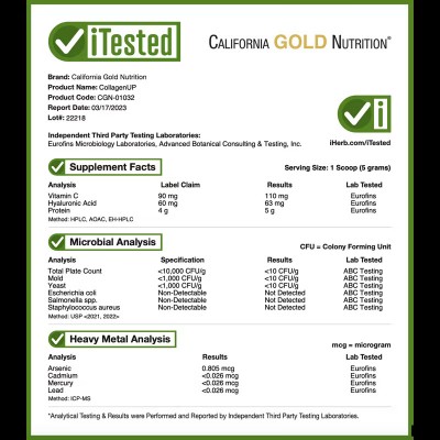 CollagenUP, Colágeno marino hidrolizado con ácido hialurónico y vitamina C, Sin sabor, 464 g de California Gold Nutrition Cal...