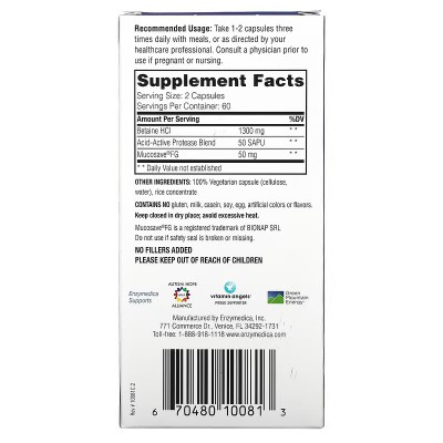 Betaina HCI, Clorhidrato de betaína, 120 cápsulas de Enzymedica Enzymedica ENZ-10081 Ayudas aparato Digestivo salud.bio