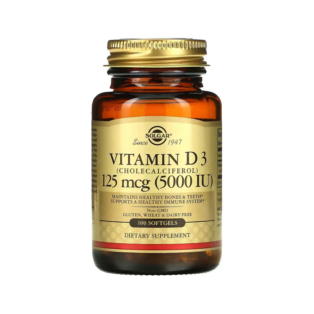 Vitamina D3 (colecalciferol), 125 mcg (5.000 UI), 100 cápsulas blandas de Solgar SOLGAR SOL-19377 Vitamina A y D salud.bio