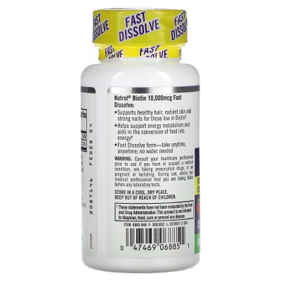 Biotina de Disolución rápida 10.000mcg (Máxima concentración) Fresa, de Natrol Natrol NTL-06885 Piel, Cabello y Uñas, Complem...