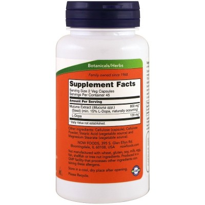 L-Dopa Mucuna, 90 cápsulas vegetales de Now Foods NOW Foods NOW-03092 Estados emocionales, ansiedad, estrés, depresión, relax...