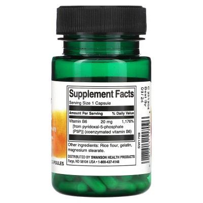 P-5-P (Piridoxal-5-Fosfato) 20 mg 60 Cápsulas de Swanson Swanson SWV-11709 Estados emocionales, ansiedad, estrés, depresión, ...