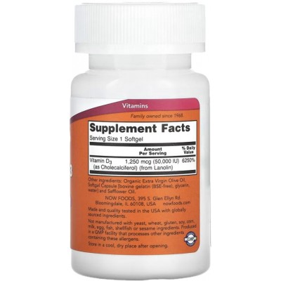 Vitamina D3, Máxima potencia, 50.000 UI, 50 cápsulas blandas de NOW Foods NOW Foods NOW-00378 Vitamina A y D salud.bio