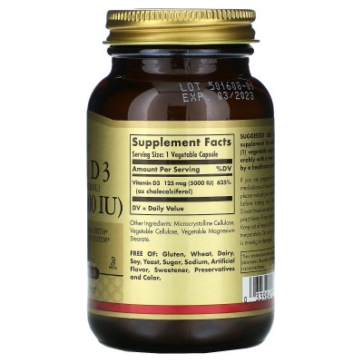 Vitamina D3 (colecalciferol), 125mcg (5.000 UI), 120 cápsulas blandas de Solgar SOLGAR SOL-03313 Vitamina A y D salud.bio