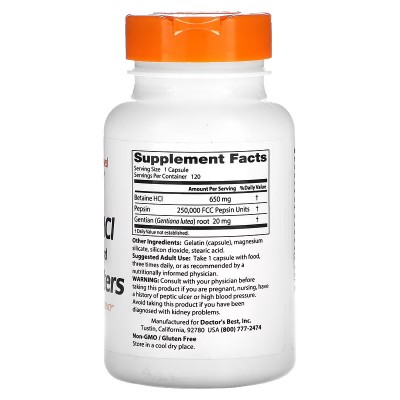 Betaína Clorhidrato con pepsina y amargo de genciana, 120 cápsulas de Doctor's Best DOCTOR'S BEST DRB-00163 Ayudas aparato Di...