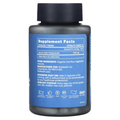 Alfa-cetoglutarato de calcio para favorecer la longevidad, 1000 mg, 60 cápsulas (500 mg por cápsula) de ProHealth Longevity P...