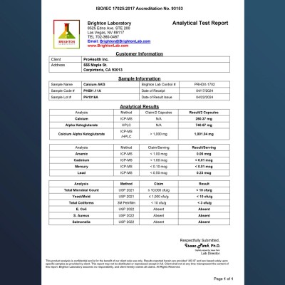 Alfa-cetoglutarato de calcio para favorecer la longevidad, 1000 mg, 60 cápsulas (500 mg por cápsula) de ProHealth Longevity P...