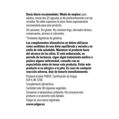 Bromelaina 300mg 60 Cápsulas Vegetales de Solgar SOLGAR SOL-00465 Ayudas aparato Digestivo salud.bio