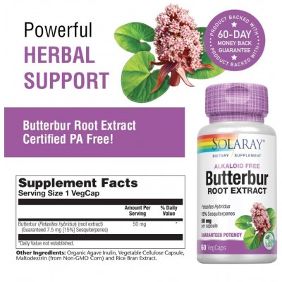 Butterbur (Petasita) 60 VegCaps. Sin alcaloides. Apto para veganos de Solaray SOLARAY SM-11664 Sistema inmunitario salud.bio