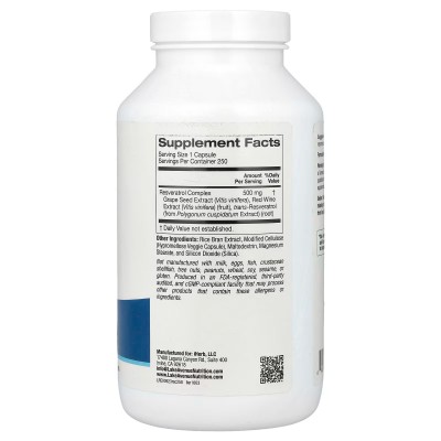 Complejo de resveratrol, 500mg 250 cápsulas de Lake Avenue Nutrition Lake Avenue Nutrition LKN-01663 Antioxidantes salud.bio