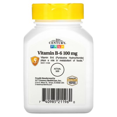 Vitamina B6, 100 mg, 110 comprimidos de 21st Century 21ST Century HealthCare CEN-21196 Vitamina B salud.bio