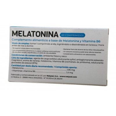 Melatonina 1.95mg + Vitamina B-6 (60 Comprimidos Masticables) de Natysal Natysal 13340 insomnio y descanso salud.bio