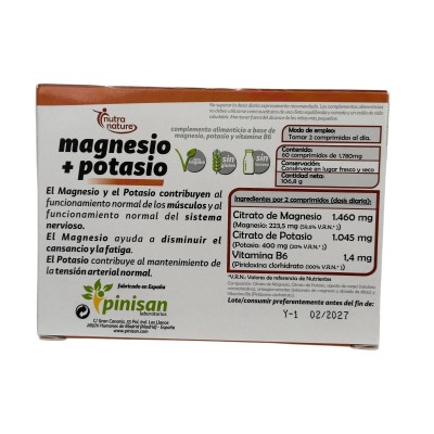 Magnesio + Potasio +B6 de 60 Comprimidos de Pinisan Pinisan MYC-00856 Articulaciones, Huesos, Tendones y Musculos, componen e...