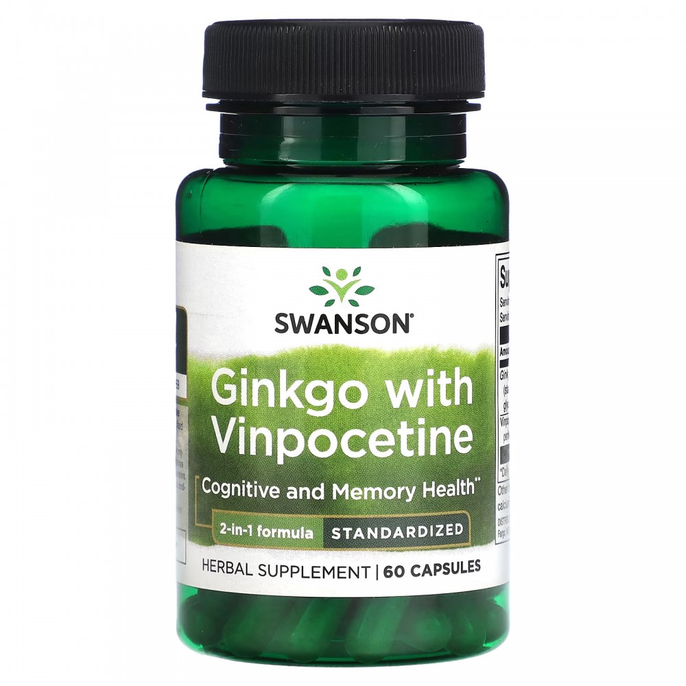 Ginkgo con vinpocetina, estandarizado, 60 cápsulas de Swanson Swanson SWV-14074 Ayuda Funcion Celebral salud.bio
