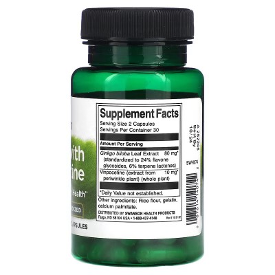 Ginkgo con vinpocetina, estandarizado, 60 cápsulas de Swanson Swanson SWV-14074 Ayuda Funcion Celebral salud.bio
